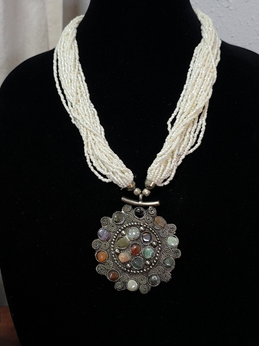 Vintage Boho Multi-Strand Seed Bead Statement Necklace | Mixed Stone Medallion
